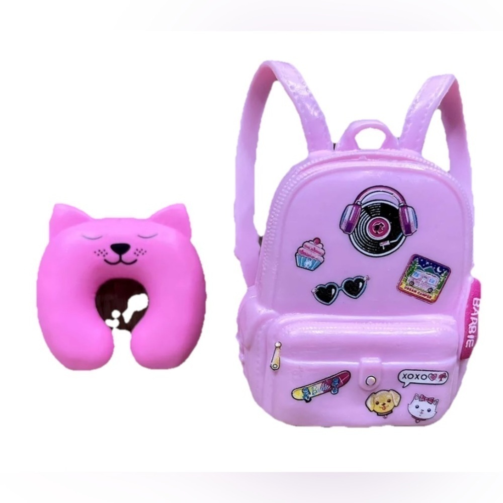 Barbie Holiday Pink Backpack Fashionistas Travel Bag Doll w/ Cat Neck Pillow